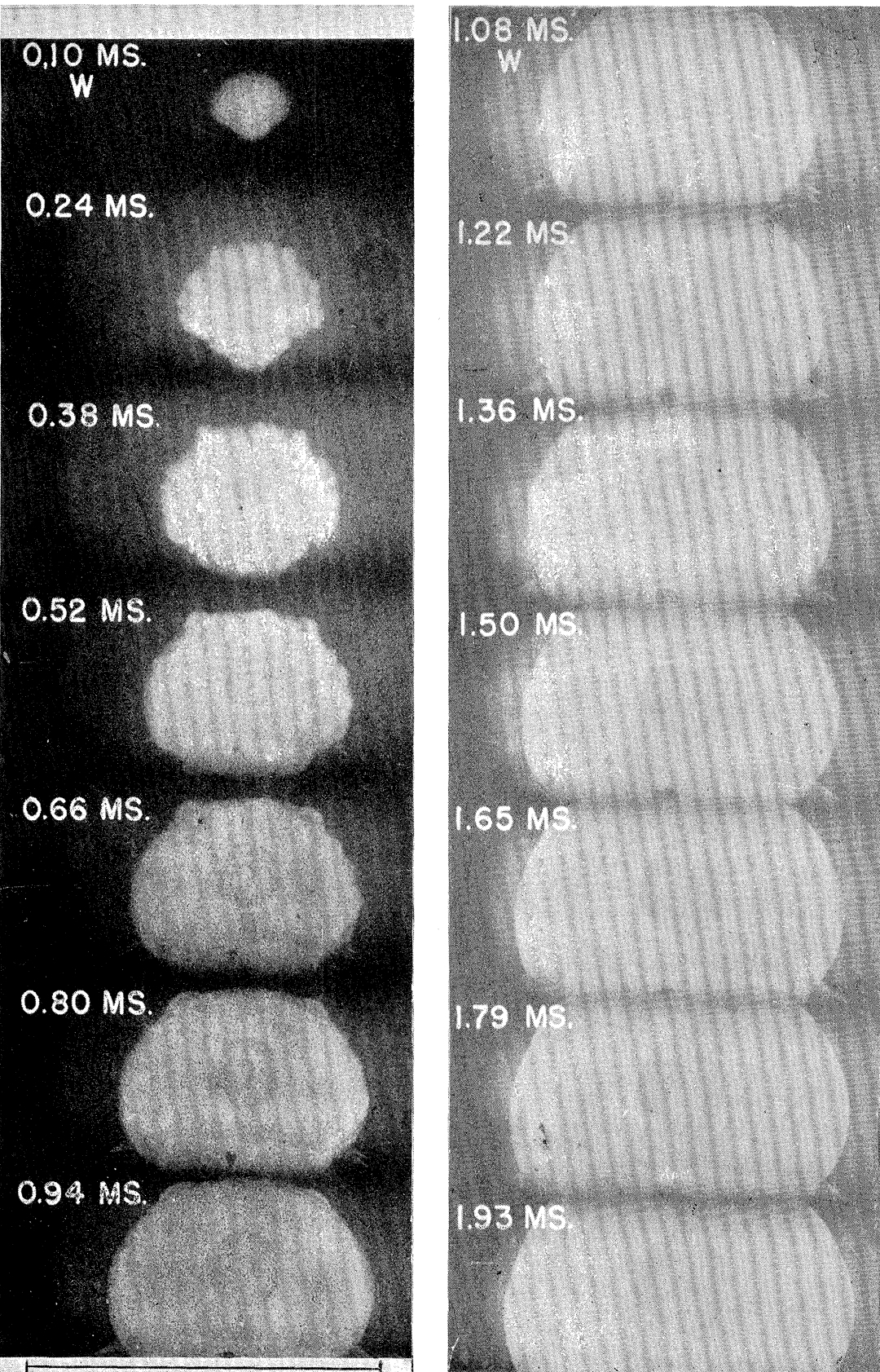 The expanding Trinity fireball captured in a series of photographs 0.1 msto 1.93 ms after detonation